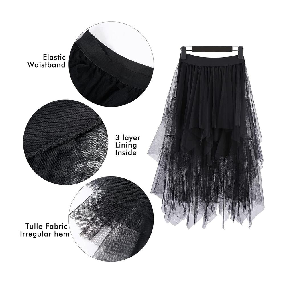 NEW Layered Black Tiered Tulle Midi Skirt Womens XS Elastic Waist Fairygoth - Picture 4 of 6